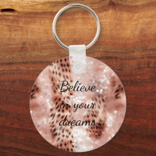 Stylish Girly Pink Rose Gold Leopard Glitz Key Ring