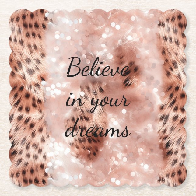 Stylish Girly Pink Rose Gold Leopard Glitz Paper Coaster (Front)