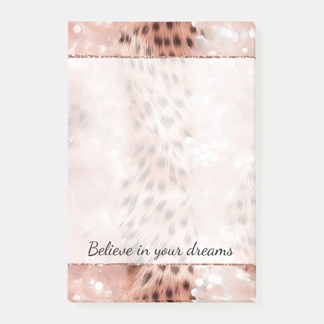 Stylish Girly Pink Rose Gold Leopard Glitz Post-it Notes (Front)