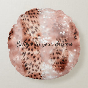 Stylish Girly Pink Rose Gold Leopard Glitz Round Cushion