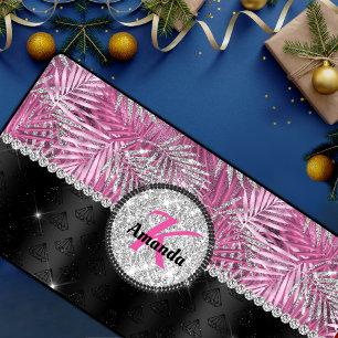 Stylish girly pink silver glitter leaves monogram desk mat