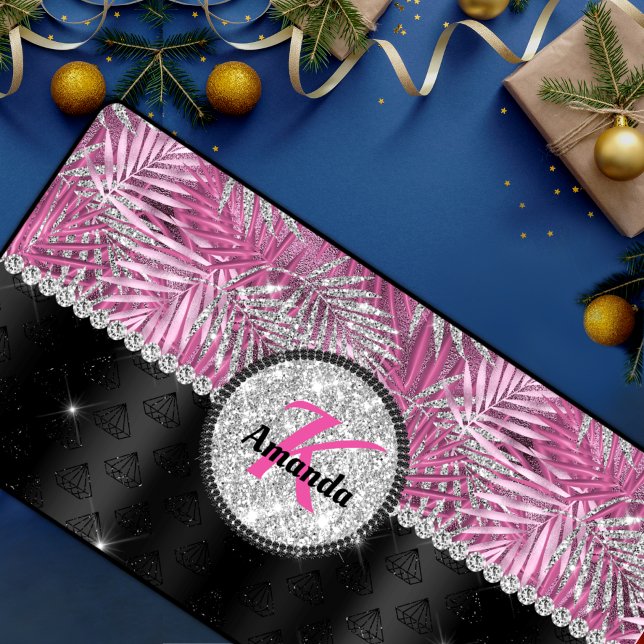 Stylish girly pink silver glitter leaves monogram desk mat (Creator Uploaded)