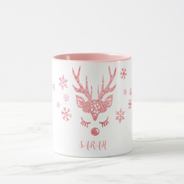 Stylish Girly Pink Snowflakes Reindeer Christmas Mug (Center)