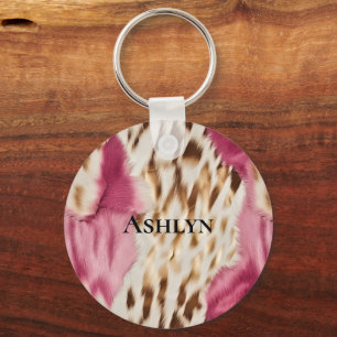 Stylish Girly Pink White Gold Zebra Key Ring