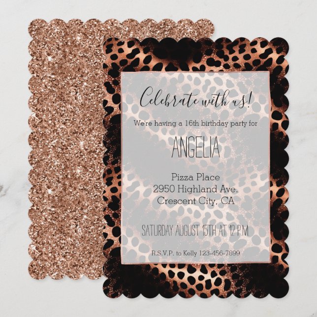 Stylish Girly Rose Gold Black Leopard Invitation (Front/Back)