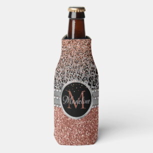 Stylish Girly Rose Gold Glitter Leopard Monogram Bottle Cooler