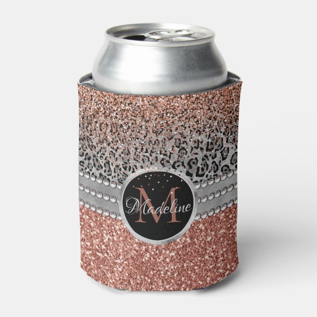 Stylish Girly Rose Gold Glitter Leopard Monogram Can Cooler (Can Front)