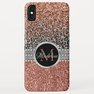 Stylish Girly Rose Gold Glitter Leopard Monogram iPhone XS Max Case