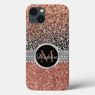 Stylish Girly Rose Gold Glitter Leopard Monogram iPhone 13 Case