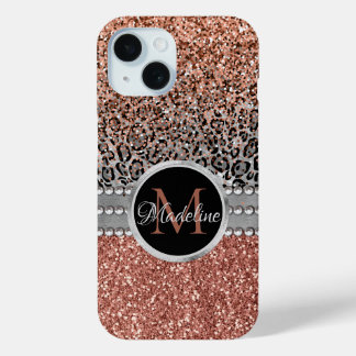 Stylish Girly Rose Gold Glitter Leopard Monogram iPhone 15 Case
