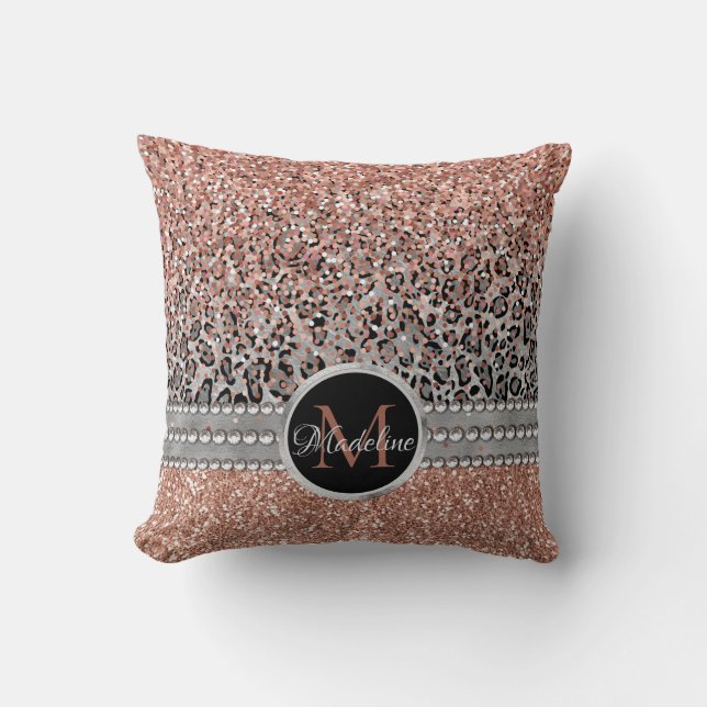 Stylish Girly Rose Gold Glitter Leopard  Monogram Cushion (Front)
