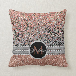 Stylish Girly Rose Gold Glitter Leopard  Monogram Cushion