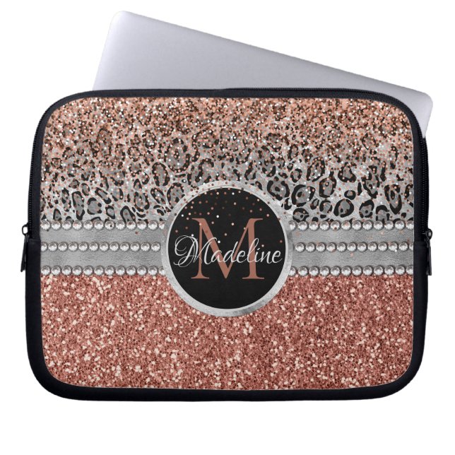 Stylish Girly Rose Gold Glitter Leopard Monogram Laptop Sleeve (Front)