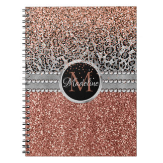 Stylish Girly Rose Gold Glitter Leopard Monogram Notebook