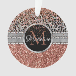 Stylish Girly Rose Gold Glitter Leopard Monogram Ornament