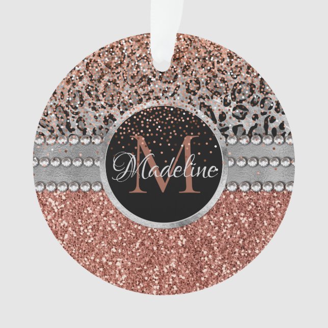 Stylish Girly Rose Gold Glitter Leopard Monogram Ornament (Front)