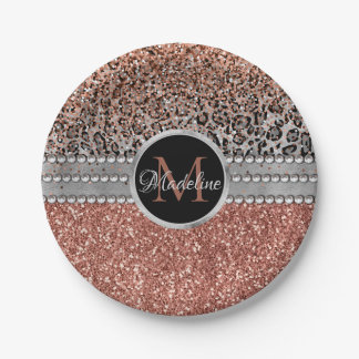 Stylish Girly Rose Gold Glitter Leopard Monogram Paper Plate