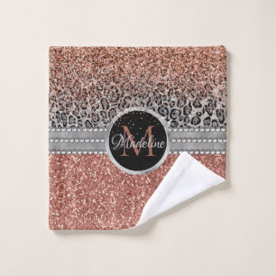 Stylish Girly Rose Gold Glitter Leopard Monogram Wash Cloth