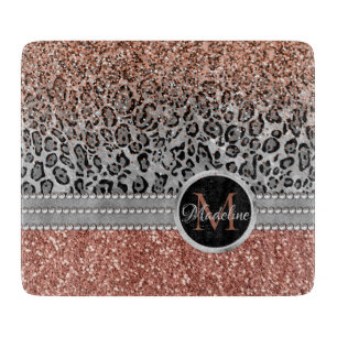 Stylish Girly Rose Gold Glitter Leopard Name Cutting Board
