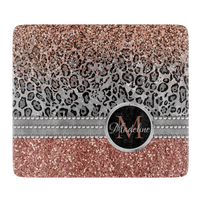 Stylish Girly Rose Gold Glitter Leopard Name Cutting Board (Front)