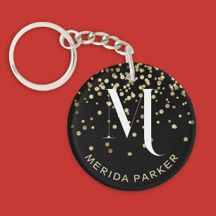 Stylish Glam Black Gold Glitter Initial Monogram Key Ring