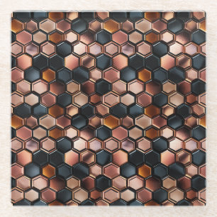 Stylish Glam Black Rose Gold Tiles Glass Coaster
