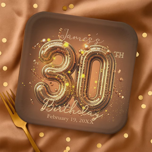 Stylish Glam Brown and Gold 30th Birthday Paper Plate (Creator Uploaded)