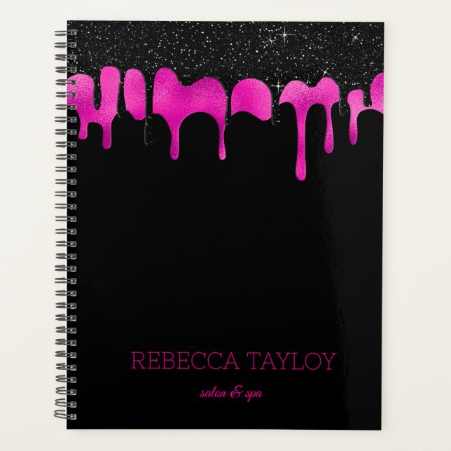 Stylish Glam Dripping Glitter Black Hot Pink Name Planner (Front)