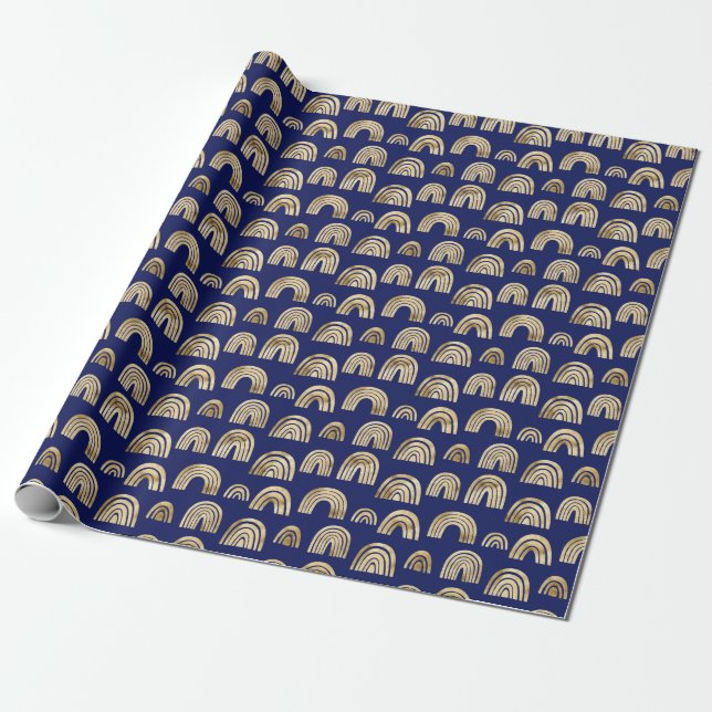 Stylish Glam Gold Rainbow Pattern Chic Navy Blue Wrapping Paper (Unrolled)