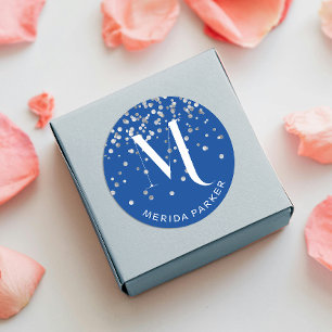 Stylish Glam Silver Glitter Blue Name Monogram Classic Round Sticker