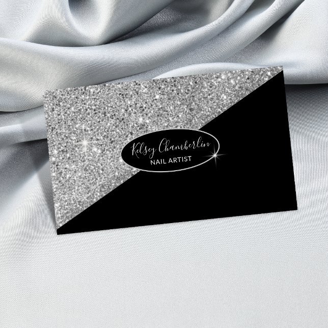 Stylish Glam Sparkle Silver Black Business Card (Creator Uploaded)