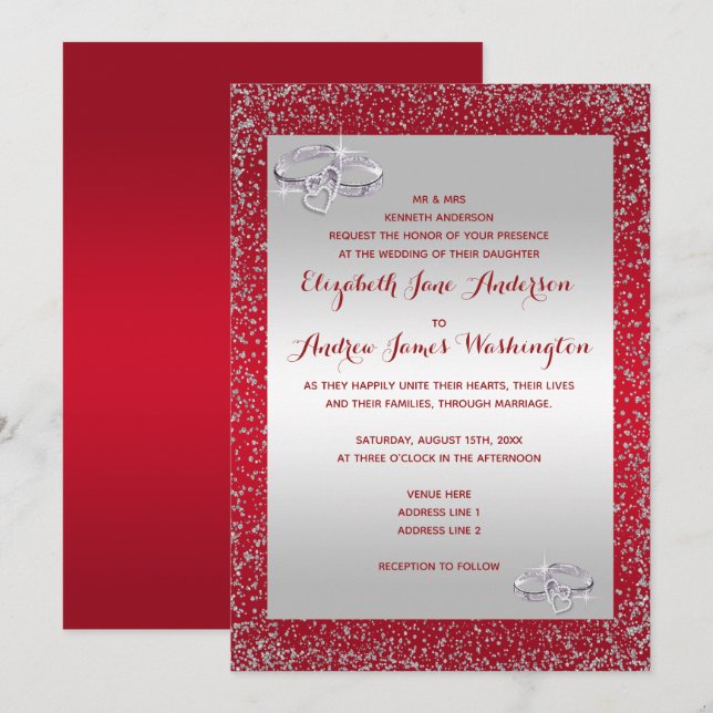 Stylish Glitter & Diamond Wedding Rings Wedding Invitation (Front/Back)