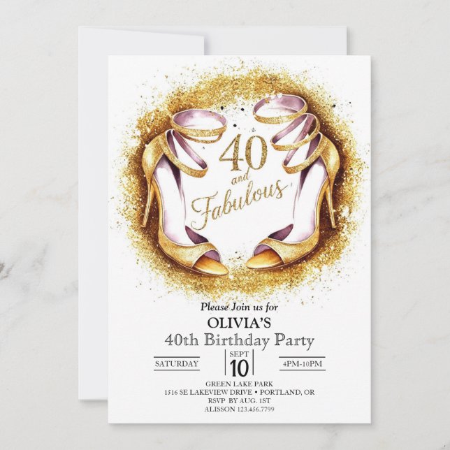 Stylish Glitter Digital Gold 40th Birthday Invitation (Front)