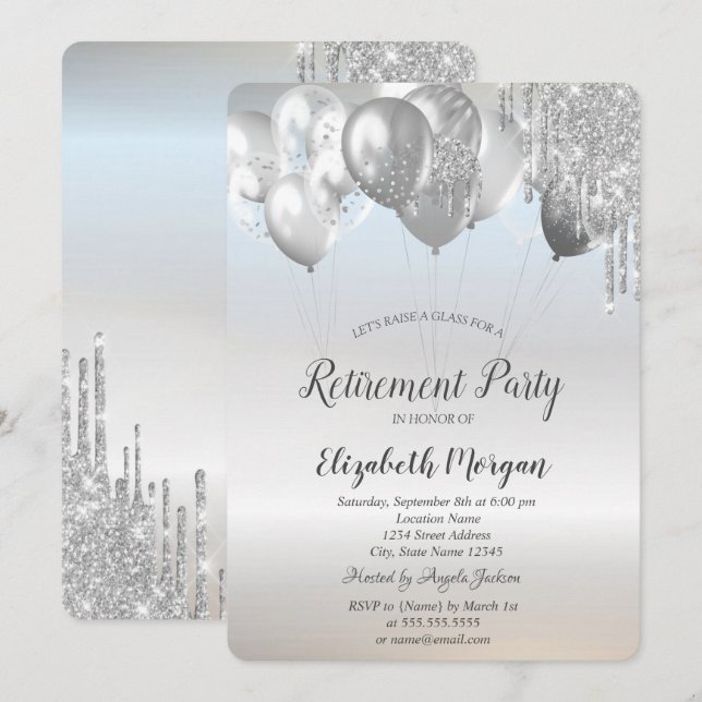 Stylish Glitter Drips Balloons Silver Retirement  Invitation (Front/Back)