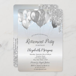 Stylish Glitter Drips Balloons Silver Retirement Invitation