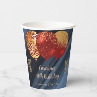 Stylish Glitter & Gold Red Balloons 40th Birthday Paper Cups