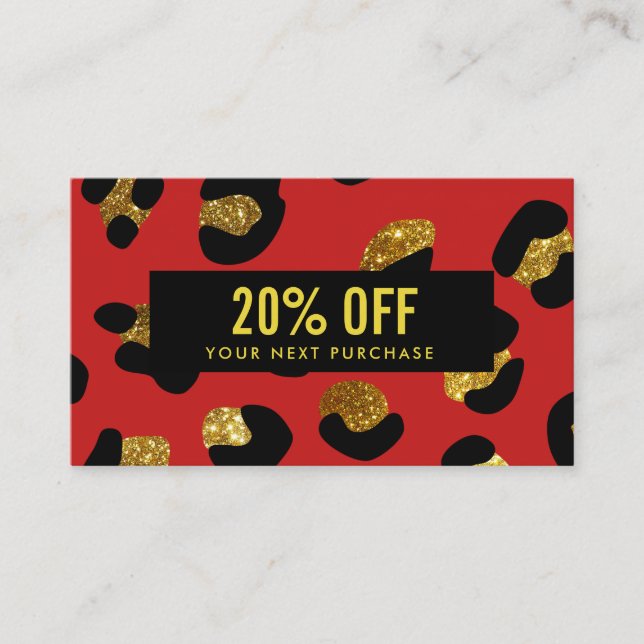 Stylish Glitter Gold Red Leopard Coupon Card (Front)