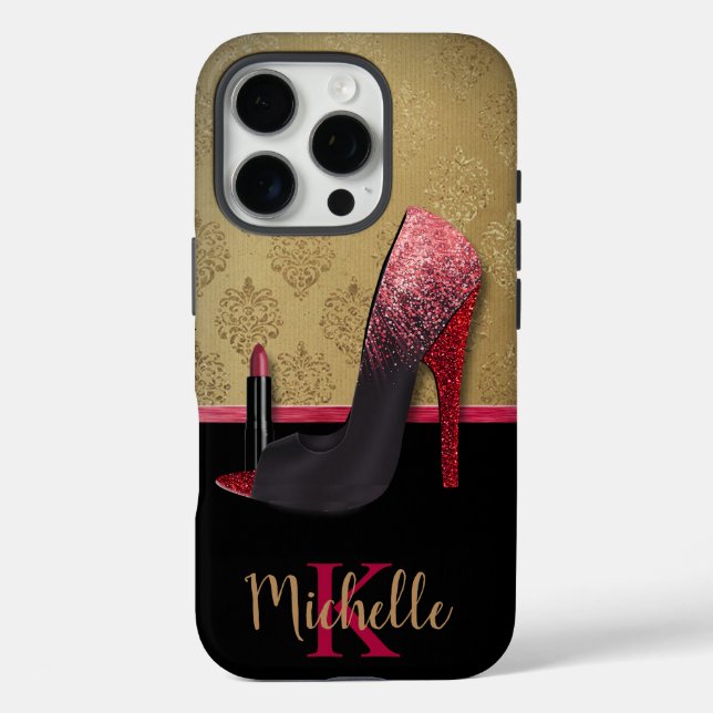 Stylish Glitter Heel, Lipstick, & Monogram Case-Mate iPhone Case (Back)