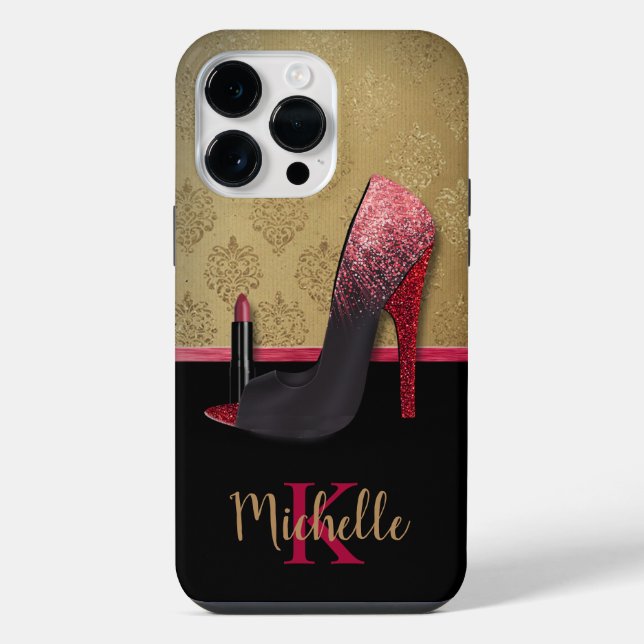 Stylish Glitter Heel, Lipstick, & Monogram iPhone Case (Back)