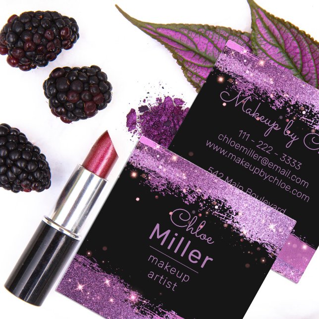Stylish Glittery Magenta and Black Makeup Artist Square Business Card (Creator Uploaded)