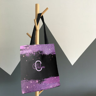 Stylish Glittery Magenta And Black Name & Inital Tote Bag