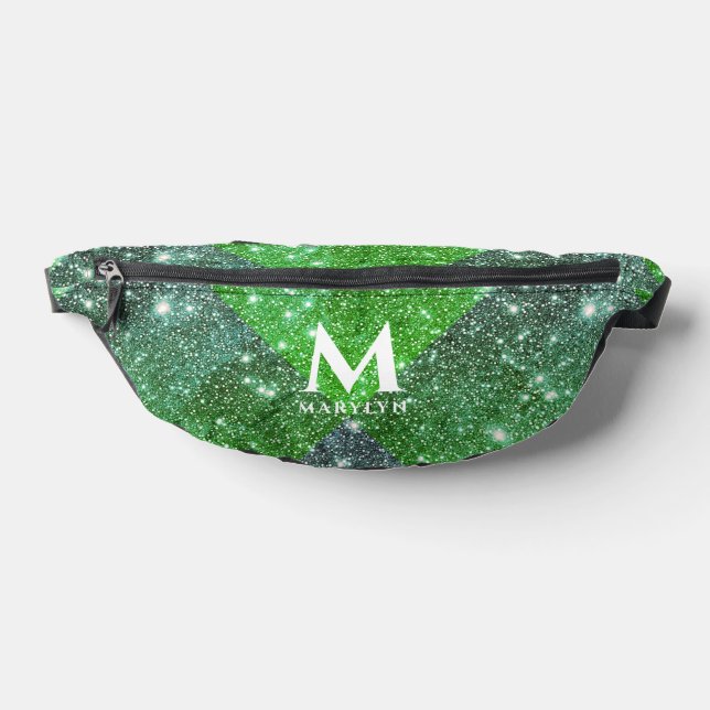 Stylish Glitzy Green Glitter White Name Monogram Bum Bags (Lay Down)