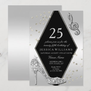 Stylish Glitzy Silver 25th Birthday Invitation