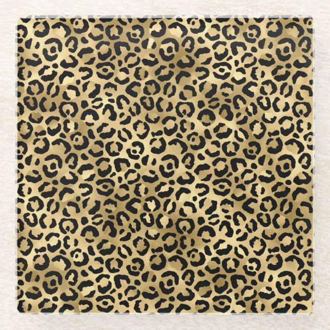 Stylish Gold and Black Foil Leopard Spots Pattern Glass Coaster (Front)