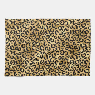 Stylish Gold and Black Foil Leopard Spots Pattern Tea Towel