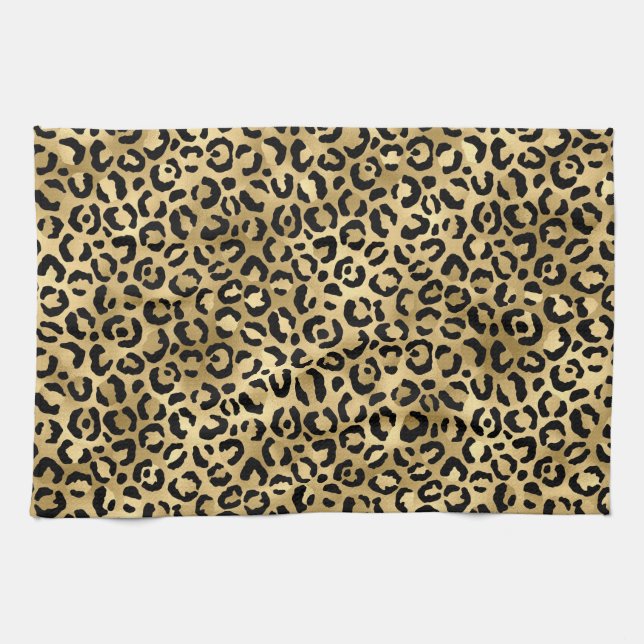 Stylish Gold and Black Foil Leopard Spots Pattern Tea Towel (Horizontal)