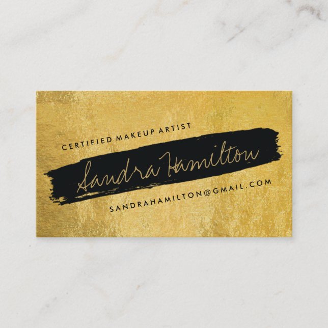 Stylish Gold and Black Slanted Brush Stroke Business Card (Front)