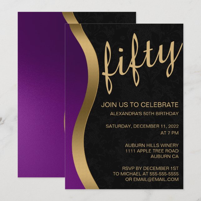 Stylish Gold and Purple 50th Invitation (Front/Back)
