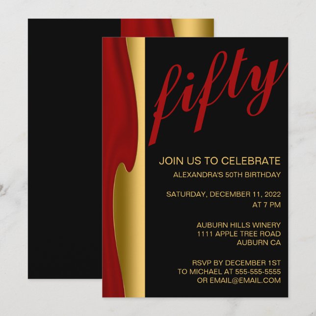 Stylish Gold and Red 50th Invitation (Front/Back)