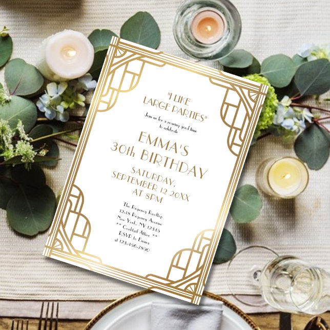 Stylish Gold and White Gatsby 30th Birthday Party Invitation (Creator Uploaded)